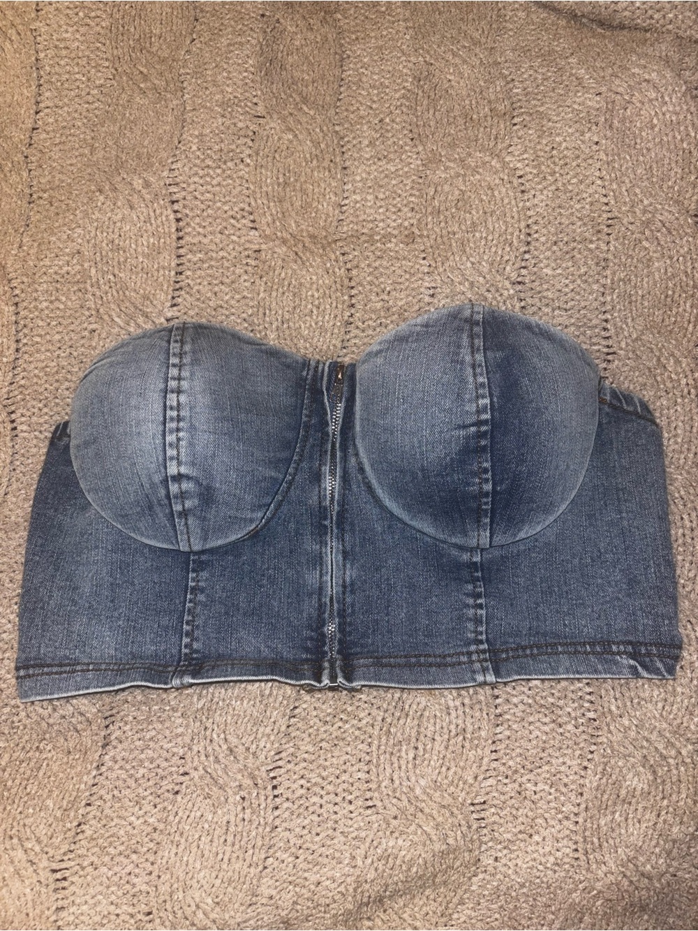 Mele & Pere Denim Strapless Bustier Crop Top Stretch Zip Front Size L
